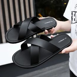 Summer Shoes Mens Black Cross Strap Flat Slippers Soft Casual Sandal 240321