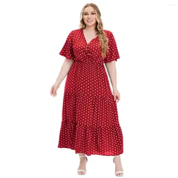 Casual Dresses Elegant Vintage Polka Dot Dress For Women Big Size Clothes Summer V-neck Short Sleeved Long Holiday Robe Femme