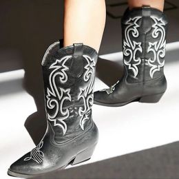 Boots Chunky high Heels Midcalf Women Western Boots 2023 Winter Embroider Retro Slip On Cowgirl Booties Elegant cmfort ladies Shoes