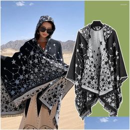 Scarves Vintage Geometric Print Hooded Poncho Women Warm Tassles Cloak 2023 Spring Autumn Imitation Cashmere Drop Delivery Dhggw