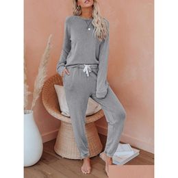 Womens Two Piece Pants 2 Long Sets 2023 Korean Fashion Style Set Sports Suit Trouser For Lady Solid Colour Autumn Drop Delivery Apparel Ot0Vj