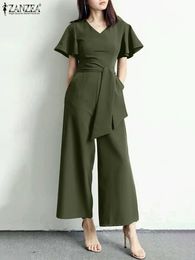 ZANZEA Fashion Women Wide Leg Jumpsuits Summer V Neck Short Sleeve Rompers Elegant OL Casual Playsuits Solid Work Overalls 240315