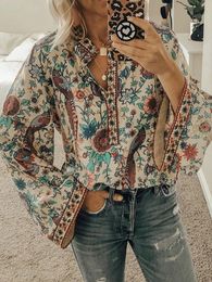 Printed Long Sleeved Wom Shirt Spring Autumn Bohemian Style Retro Fashion Trend Design Sense Loose Fitting Plus Size Top 240322