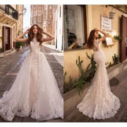Light Eleagnt Lace Appliqued Champagne Mermaid Wedding Dresses With Detachable Train Beach Bohemian Plus Size Bridal Gown