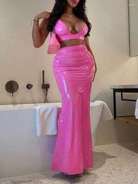 Casual Dresses Womens Summer Fashion Set Solid Color Sleeveless Leather Camisole And Sexy Bag Hip Split Fishtail Skirt Suit Club Wear