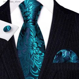 Neck Ties Neck Ties Designer Luxury Teal Green Blue Floral Ties for Men Silk Necktie Pocket Square Cufflinks Set Wedding Gift BarryWang 6345 Y240325