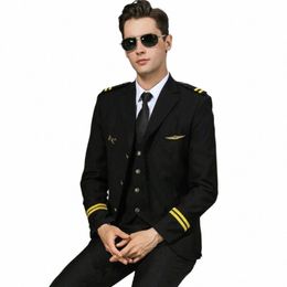 men's 2 Lines Airline Pilot Suit Jackets Uniforms Hair Stylist Black Suit Coat Workwear Big Size Male v5yY#