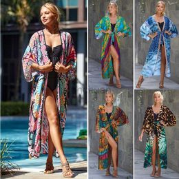 Sarongs WeHello New European and American Cotton Belt Beach Cover Sunscreen Open cardigan Womens Swimwear Bikini Coat 240325