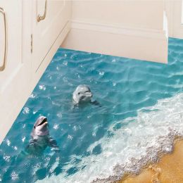 Stickers 3D Ocean Waving Water Blue Sea Beach Dolphin Starfish Room Wall Stickers for Kids Bedroom Decor Waterproof Floor Murals Bathroom