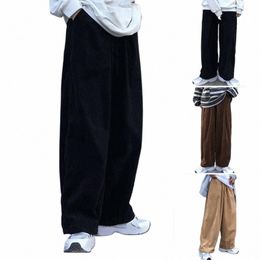 men Corduroy Pants Japanese Style Retro Wide Leg Men's Pants with Elastic Waist Deep Pockets Loose Straight Casual for A B3in#