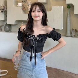 Women's Blouses Women Blouse Sexy Sleeves Lace Up Exposed Navel Korean Slash Neck Spring Summer Versatile Top