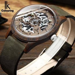 IK Colouring Men Watch Fashion Casual Wooden Case Crazy Horse Leather Strap Wood Watch Skeleton Auto Mechanical Male Relogio Y2004309W