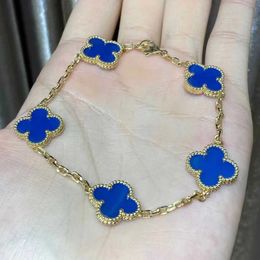 Brand charm Van Lucky Four Leaf Grass Bracelet High Version V Gold Thickened Plating 18k Rose Double sided Natural Blue Chalcedony