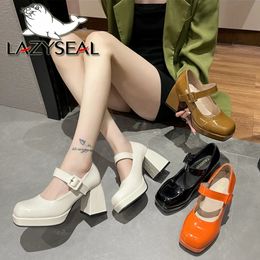 LazySeal 8cm High Heel Mary Jane Shoes Platform Square Toe Patent Leather Buckle Gladiator Sandal For Ladies Plus Size 44 240318