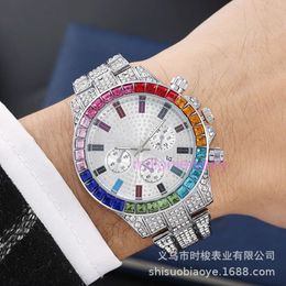 luxury mens watch women Fake Three Eyes Fashion Colourful Diamond Calendar Set Full Mens Steel Band Quartz Watch