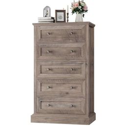 FACBOTALL Drawer Dresser, Tall with 5 Drawers, Chest of Drawers Cabinet Wood Dresser for Hallway Living Room, Wash Grey
