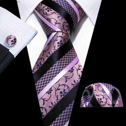 Neck Ties Neck Ties Fashion Purple Silk Stripe Ties For Men Exquisite Woven Floral Neck-Tie Cufflinks Pocket Square Sets Party Wedding Barry.Wang Y240325