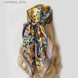 Bandanas Durag Luxury Brand Square 90*90cm Silk Foulard Satin Bandana Cheveux Soft Neckerchief Hijab Hair Scarves For Ladies Head Scarf Women Y240325