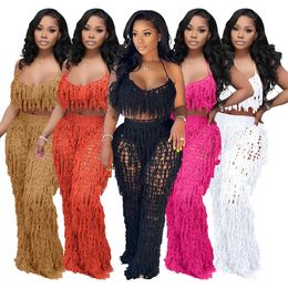 Crochet Tassel 2 Pieces Beach Outfits Cover ups Sexy Women Crop Tops Long Pants For Feamle Beach Wear Cover-ups 240315