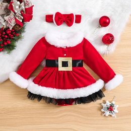 Girl Dresses Princess Baby Girls Dress Christmas Party Costumes Long Sleeve Winter Fur Trim Romper With Headband Set Born Clothes