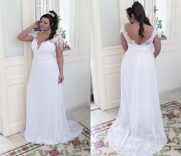 2018 Sexy Deep V neck Open Back Wedding Dresses Plus size Applique Lace Beach Stylish With Short Sleeves Chiffon Bridal Gowns8109174