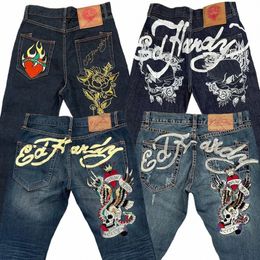 уличные джинсы с принтом мужские Y2K в стиле хип-хоп с высокой талией прямые свободные широкие брюки джинсовые брюки европейские и американские 635E #