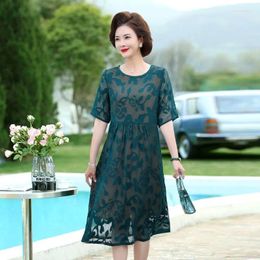 Party Dresses Women Floral Summer Middle Age Mother Short Sleeve Chiffon Jacquard Dress O-neck Casual Beach Vestidos