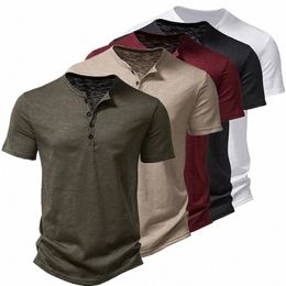 henley Collar Men Casual Solid Colour Short Sleeve T Shirt for Men Slub cott High Quality Mens T Shirts Streetwear New Arrival F7rY#