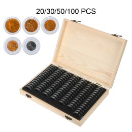 Bins Coin Storage Box With Adjustment Pad 20/30/50/100PCS Adjustable Wooden Commemorative Coin Collection Case Holder Capsules