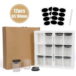 Jars 12pcs Set Of Black Bamboo Cover Glass Seasoning Jar With Sticker Carton Box Packaging Kitchen Fruit Food Sealed Storage Jar