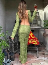 Casual Dresses Women Fashion Knitted Solid Long Sleeve Backless Sexy Slim Maxi Dress 2024 Fall See Through Vacation Party Outfit Y2K