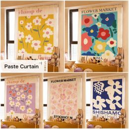 Feeding Artistic Flower Door Curtain Fabric Cotton Linen Partition Bedroom Household Paste Curtain Multipurpose Hole Free Blackout Cloth