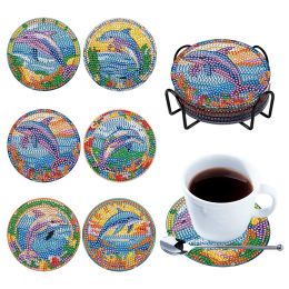 Stitch Special Shape Diamond Painting Coasters Kits Sun Stain Glass 6PCS Full Drill Diamond Coaster Dolphin Stain Glass Bee Stain Glass