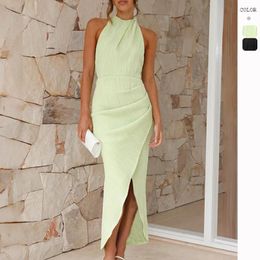 Casual Dresses Chic Summer Holiday Dress 2024 Sexy Halter Sleeveless Backless Open Side Elegant Party Long Boho Sundress