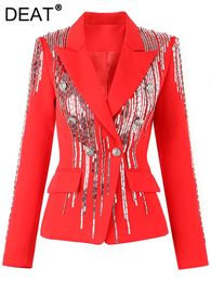 DEAT 2024 Autumn Womens Blazer Notched Slim Sequins Rivet Double Breasted Long Sleeve Red Suit jackets Female 7YZ8501 240301