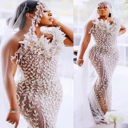 Plus Arabic Aso Ebi Size Illusion Mermaid Luxurious Wedding Dress Crystals Sequined Lace Bridal Gowns Dresses ZJ Es