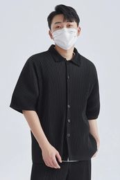 Miyake Lapel Shirt Pleated Short Sleeve T Shirt For Men Plain Shirt Button Up Shirt Summer Clothes For Men Black Casual Top 240319