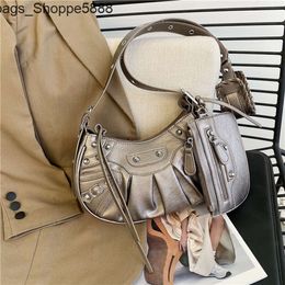 Factory Direct Store Handbag Free Shipping New Underarm Bag Female 2024 Pleated Crescent Child Mother Single Shoulder Rivet Motorcycle