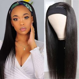 Straight 18 Inch for Women Glueless None Lace Front Headband Wig Brazilian Virgin Hine Made Human Hair Wigs Natural Black 150% Density