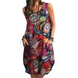 Casual Dresses Summer Dress Loose Fit Long Colourful Graffiti Print Women's Midi With Pockets Bohemian Sleeveless For Ladies