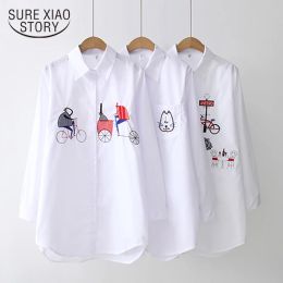 2023 New White Shirt Casual Button Up Turn Down Collar Female Blouse Long Sleeve Cotton Blouse Embroidery Blouse Lady 5083 50