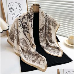 Scarves Beautif Flower Print Design Fashion Brand Classic Letter Satin Luxury Square Scarf Outdoor Shawl Silk Turban Beach Wrap Daily Dho7J