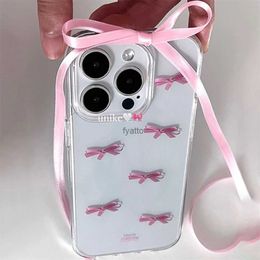 Cell Phone Cases Korean Cute Pink Bow Transparent Phone Case For iPhone 15 14 13 12 11 Pro XS Max X XR 7 8 SE Mini Aesthetic Shockproof Soft Case H240326