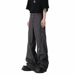 houzhou Design Zipper Slit Calças Masculinas Techwear Tubo Reto Casual Calças Pretas Perna Larga Darkwear Masculino Streetwear Hip Hop 81FW #