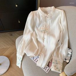 Women's Blouses YCMYUNYAN-Women's Chinese Style Satin Silk Fashion Clothing Loose Long Sleeves Vintage Tops Embroidery