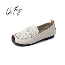 Casual Shoes DRFARGO Genuine Leather Women Slip-on Loafers Square Toe Cutout Hollow Breathable Flats Soft Sole Retro Style Big Size 43