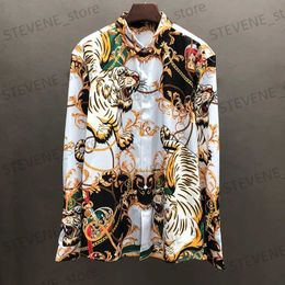 Men's Casual Shirts Social Italian British Style Men Long Slve Shirt Fall Colourful Vintage Tiger Print Shirt Casual Shirt Dress Camisa Masculina T240325