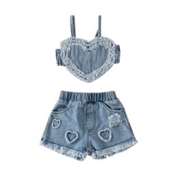Summer Baby Clothing Set Sleeveless Heart Tank Top and Ripped Denim Shorts 024 Months Clothes born Girls Outfits 240314