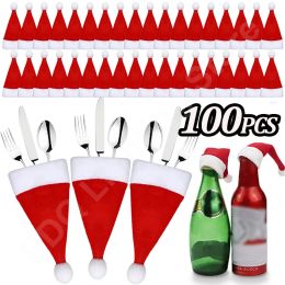 Hats New 100PCS/Set Christmas Hat Holder Red Santa Claus Cutlery Bag Party Decor