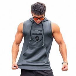 hooded Print Cott Gyms Clothing Mens Bodybuilding Tank Top Sleevel Vest Sweatshirt Fitn Workout Sportswear Tops Male T4I2#